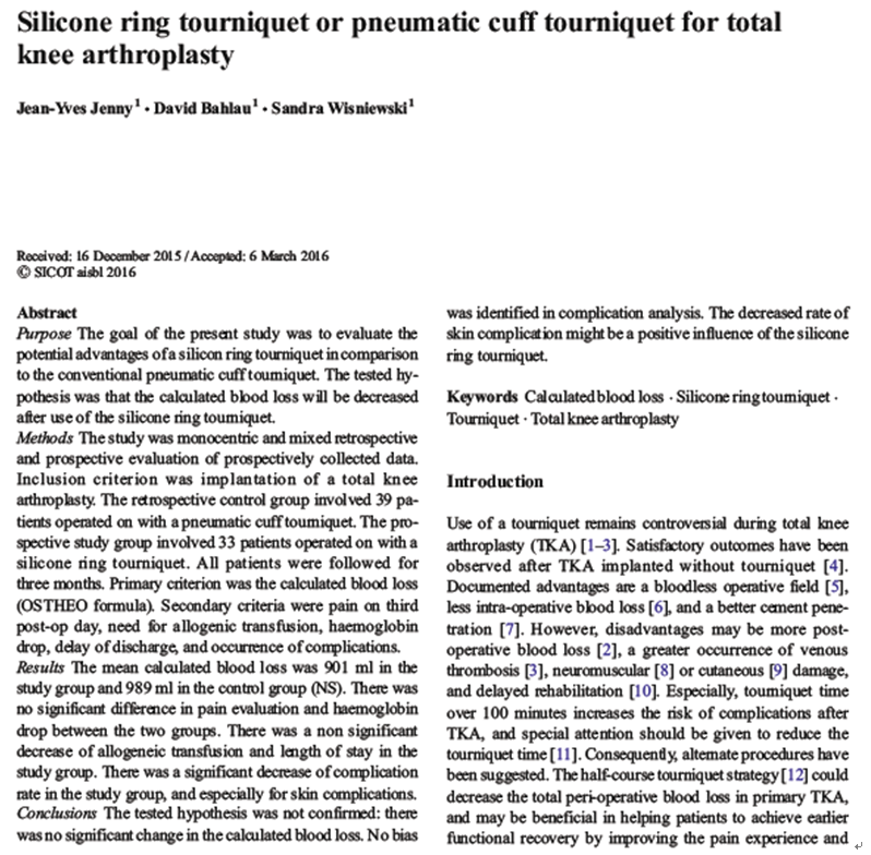 【膝关节】在全膝关节置换术中使用硅橡胶环止血带或充气袖口止血带